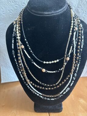Six Stranded Necklace — Black, White & Brown New
